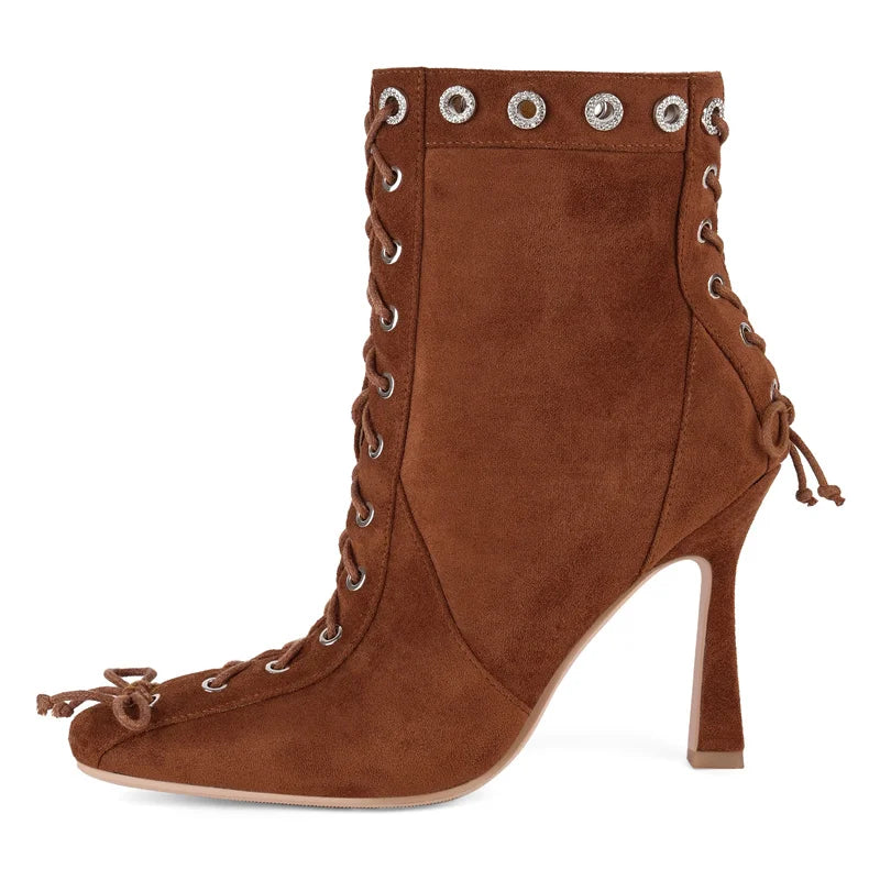 Square Toe Ankle Boots - Butterfly Bow Side Zipper Boots