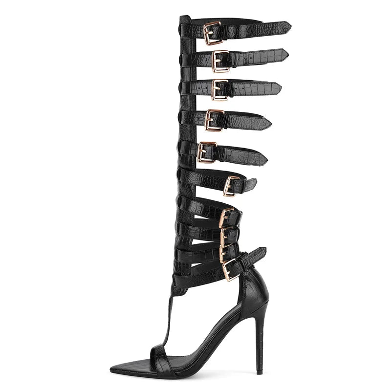 Gladiator Stiletto Sandals - T-Strap Buckle Ankle Strap Heels