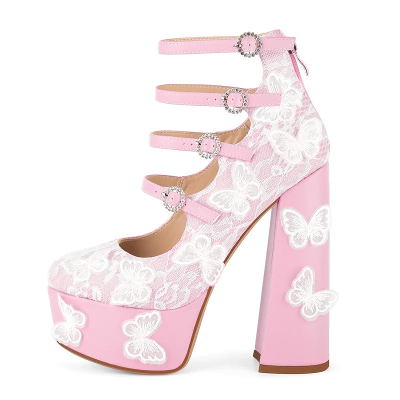 Platform Lace Mesh Pumps - Butterfly Multi-Buckle Ankle Strap
