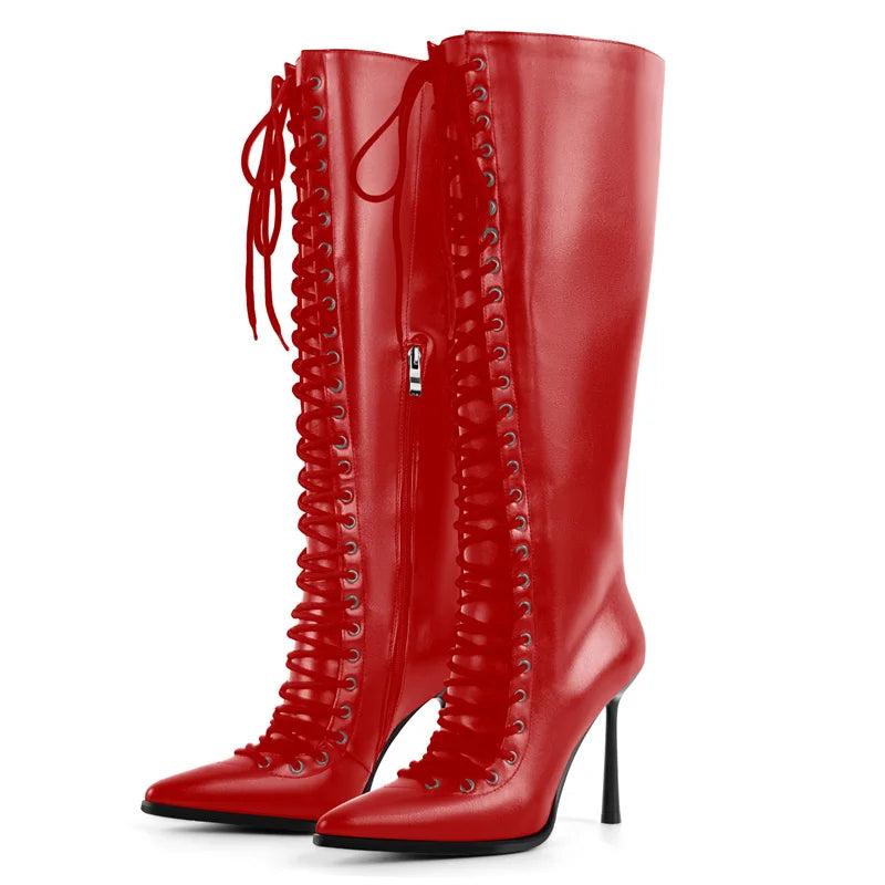 Square Toe Platform Knee-High Boots - Slip-On Stiletto Heels