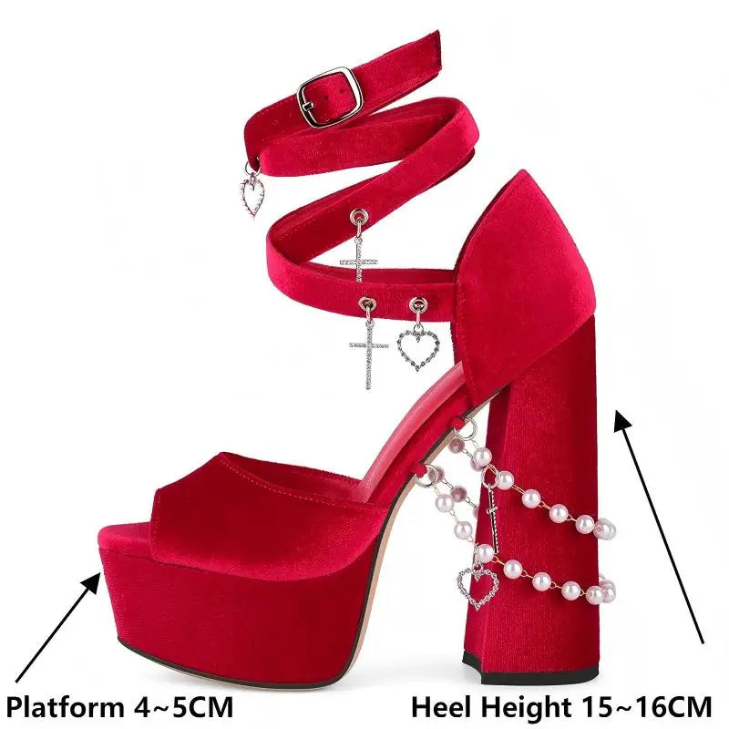 Platform Peep Toe Heels - Velvet Wrap Ankle Strap Sandals
