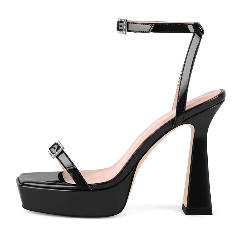 Patent Leather Square Toe Platform Sandals - Ankle Strap Stiletto Heels