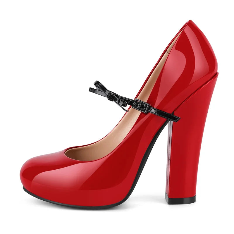 Platform Mary Jane Pumps - Patent Leather Bow Chunky Heel