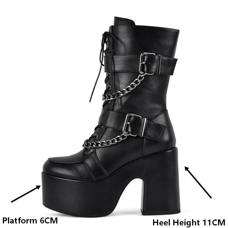 Platform Ankle Boots - Metal Chain Buckle Lace-Up Punk Booties