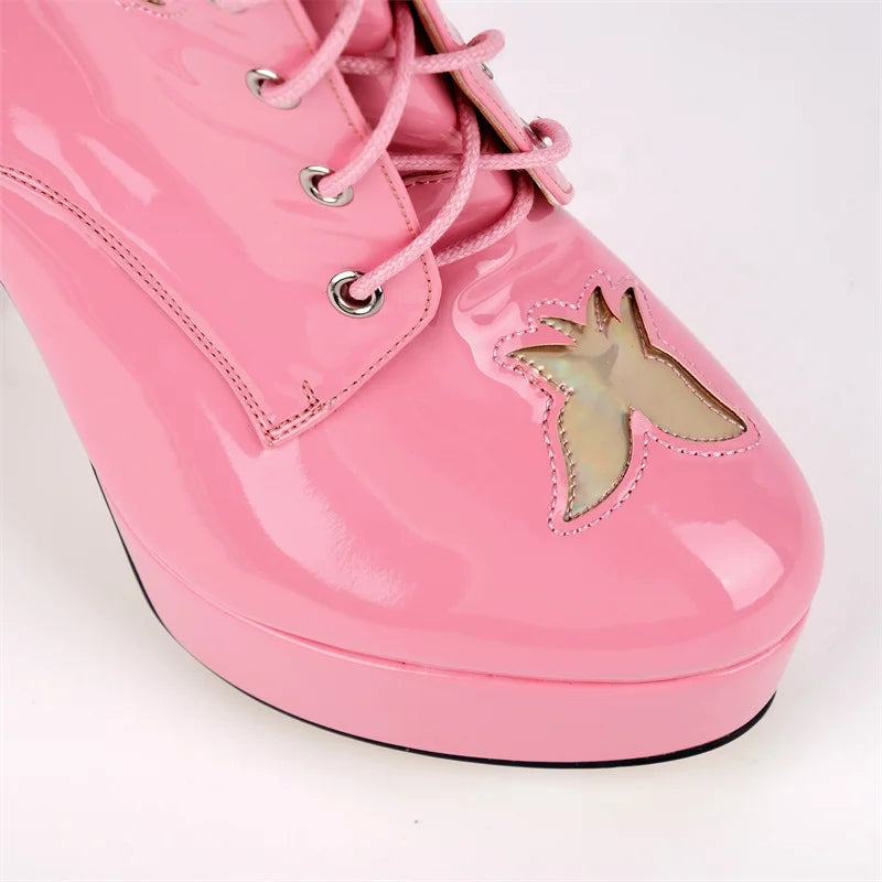 Patent Leather Platform Ankle Boots - Lace-Up Side Zipper Heels