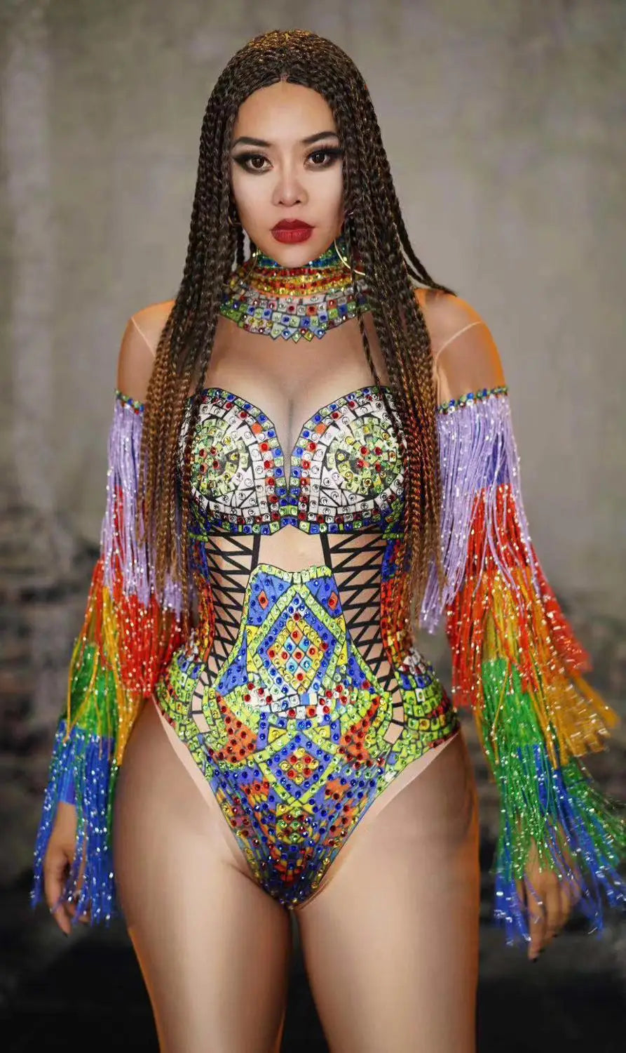 Rhinestone Corset Bodysuit with Rainbow Fringe Sleeves – Drag Queen Stage Leotard
