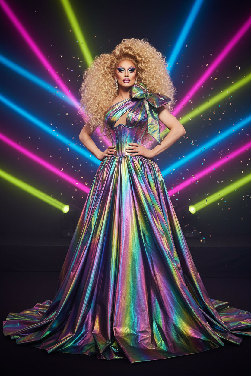 Iridescent One-Shoulder Ball Gown – Drag Queen Prom & Performance Dress