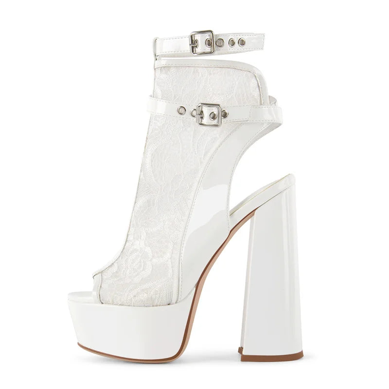 Lace Peep-Toe Platform Ankle Boots