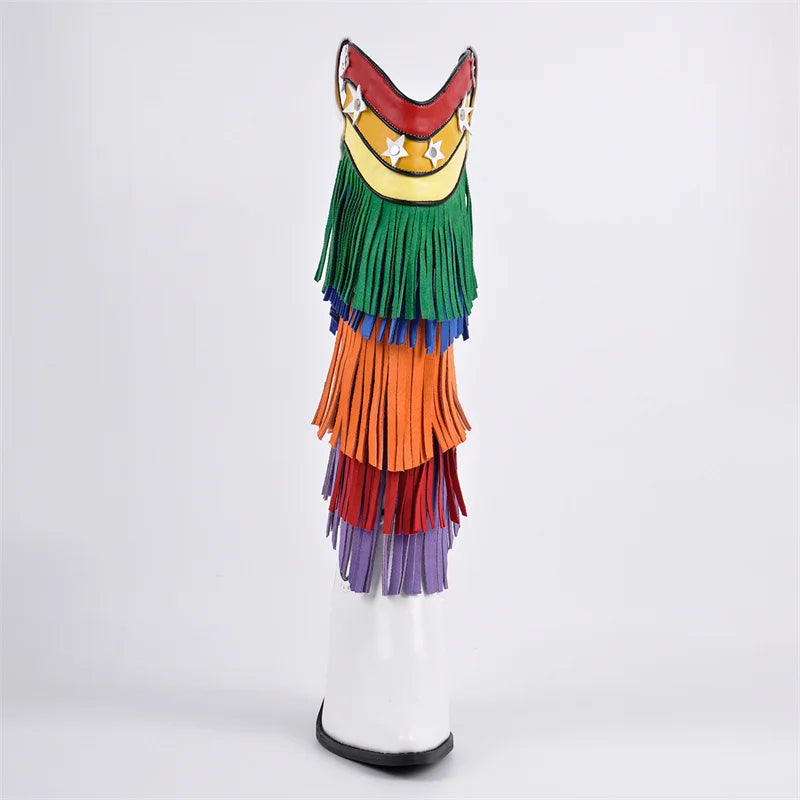 Rainbow Fringe Cowboy Boots - Knee-High Western Pull-On Boots
