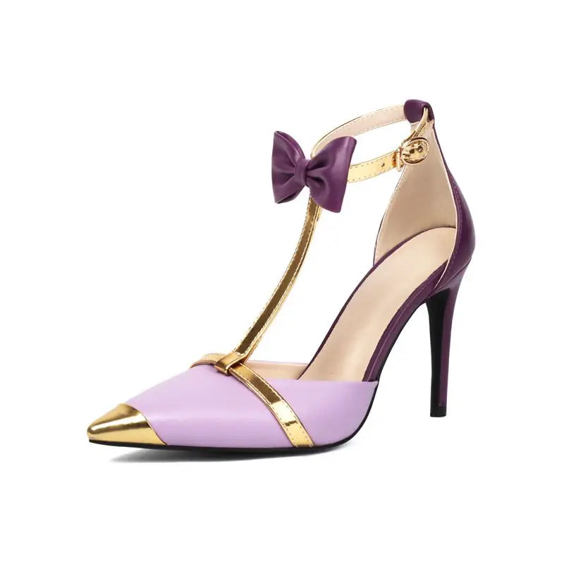 Bow-Tied T-Strap Stiletto Pumps | Drag Heels in Purple & White | Sizes US 12–17