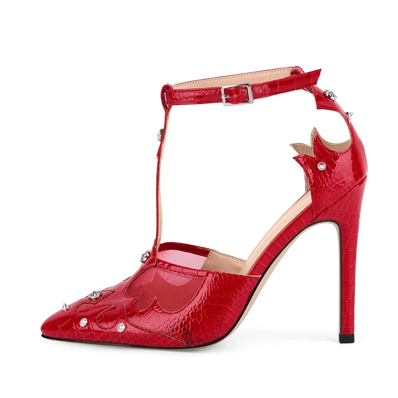 Patent Leather Pointed Toe T-Strap Pumps - Stiletto Heels
