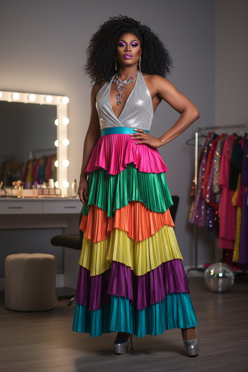Floor-Length Tiered Satin Skirt | Rainbow | Drag, Pride & Formal | S–5XL (US 2–16W+)
