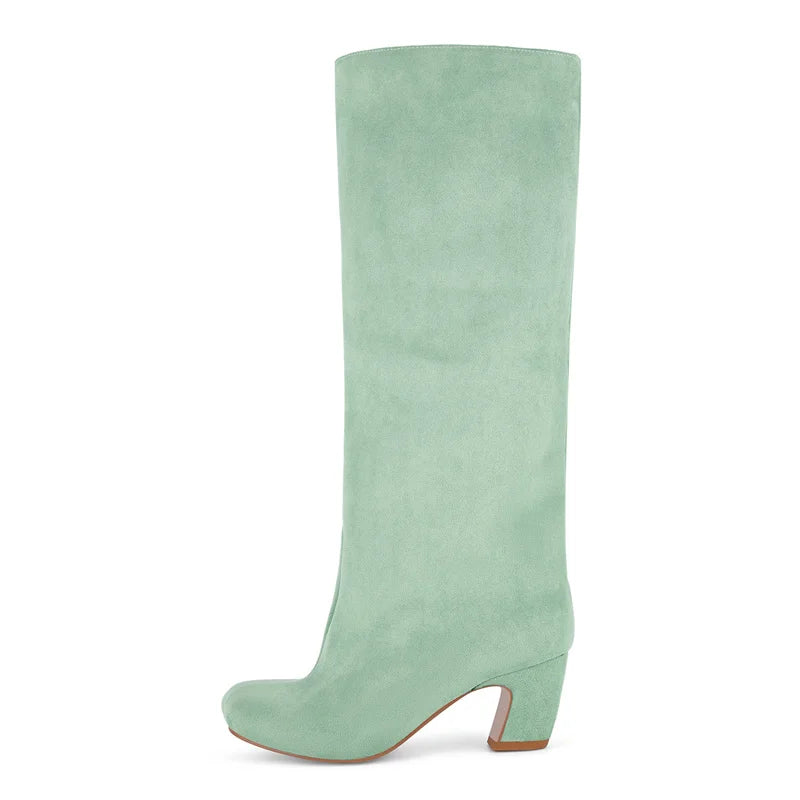 Square Toe Knee-High Platform Boots - Chunky Heel Slip-On
