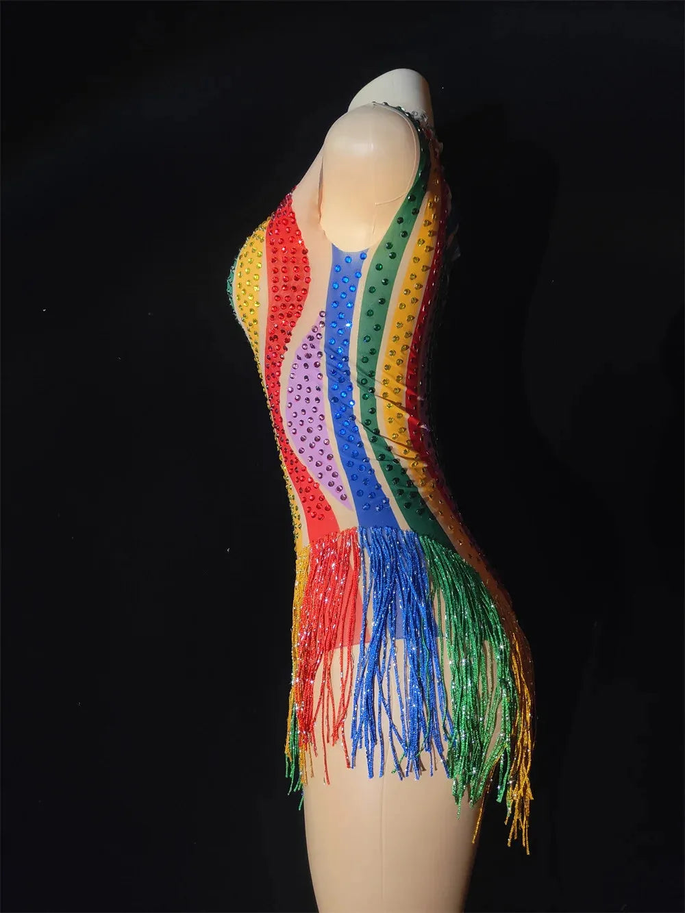 Rainbow Rhinestone Fringe Bodysuit – Drag Queen Stage Leotard