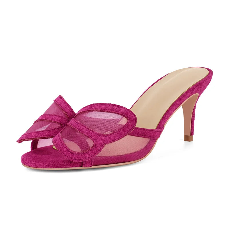 Faux Suede Peep Toe Mules - Kitten Heel Slip-On Sandals