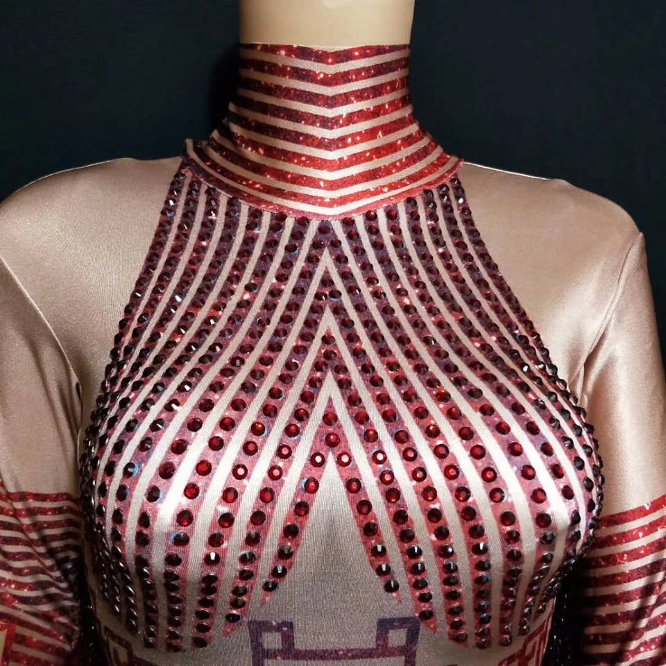 Shining Rhinestone Red Fringe Jumpsuit – Long Sleeve Drag Queen Stage Slay