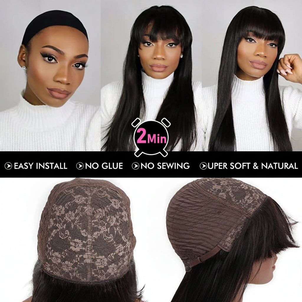 "Bangs & Served" Straight Human Hair Wig with Bangs – Machine Made, No Glue, No Lace