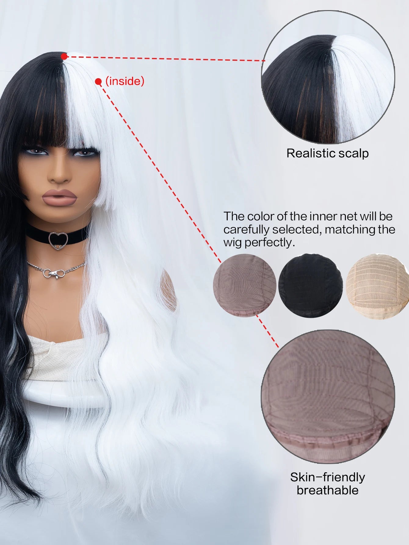 28-Inch Black & White Split Wig – Long Wavy Drag Queen Heat-Resistant Hair with Bangs