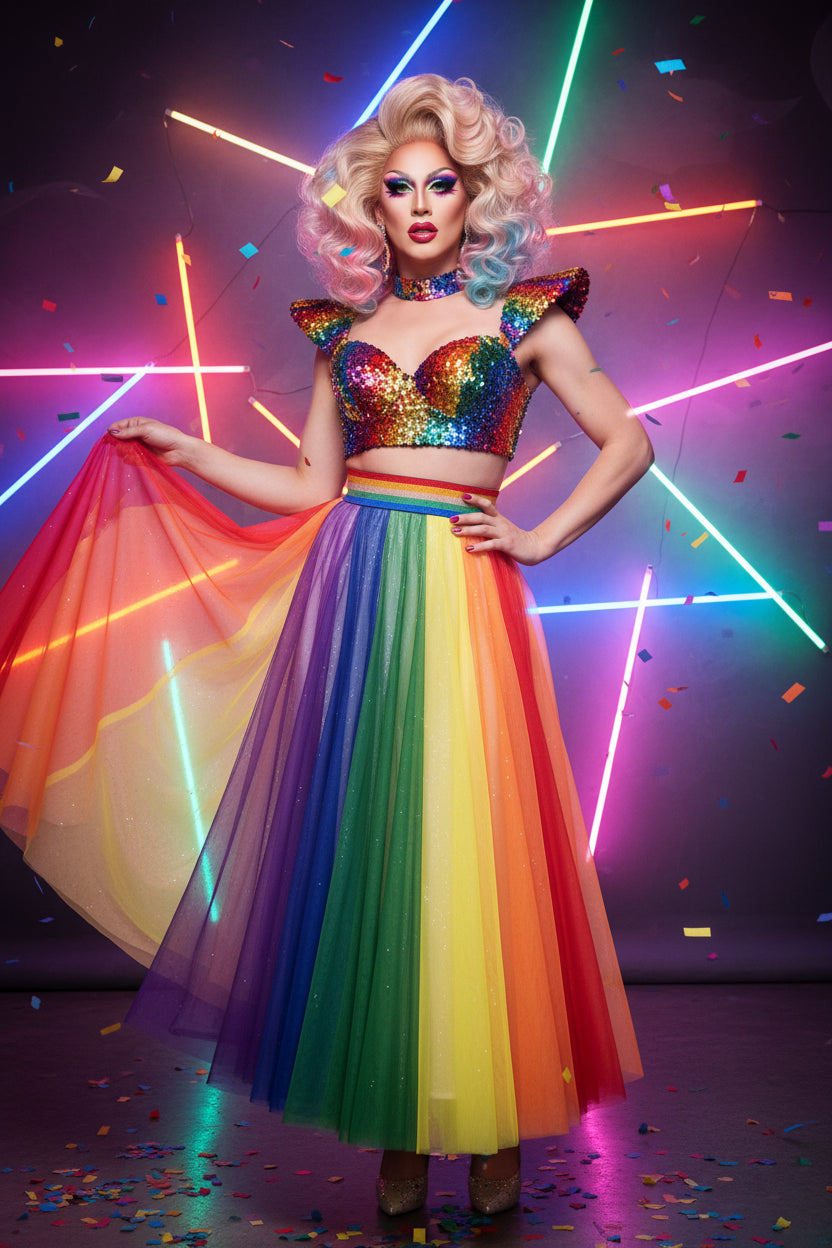 Rainbow Mesh Maxi Skirt – Drag & Pride Performance Skirt