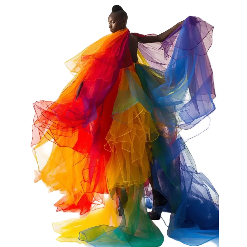 Rainbow Tulle Pride Gown | One-Shoulder Layered Mesh A-Line Dress | XS–XXXL & Plus Sizes