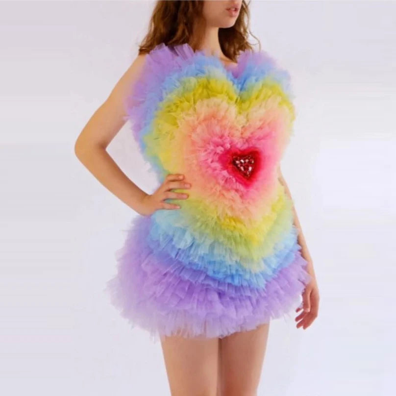 Rainbow Heart Tulle Mini Dress – Sweetheart Neckline Drag Queen Dress
