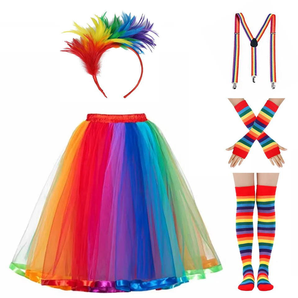 Rainbow Pride Festival Costume Set | Tutu Skirt, Headband, Suspenders, Arm Sleeves & Socks | 3pc or 5pc