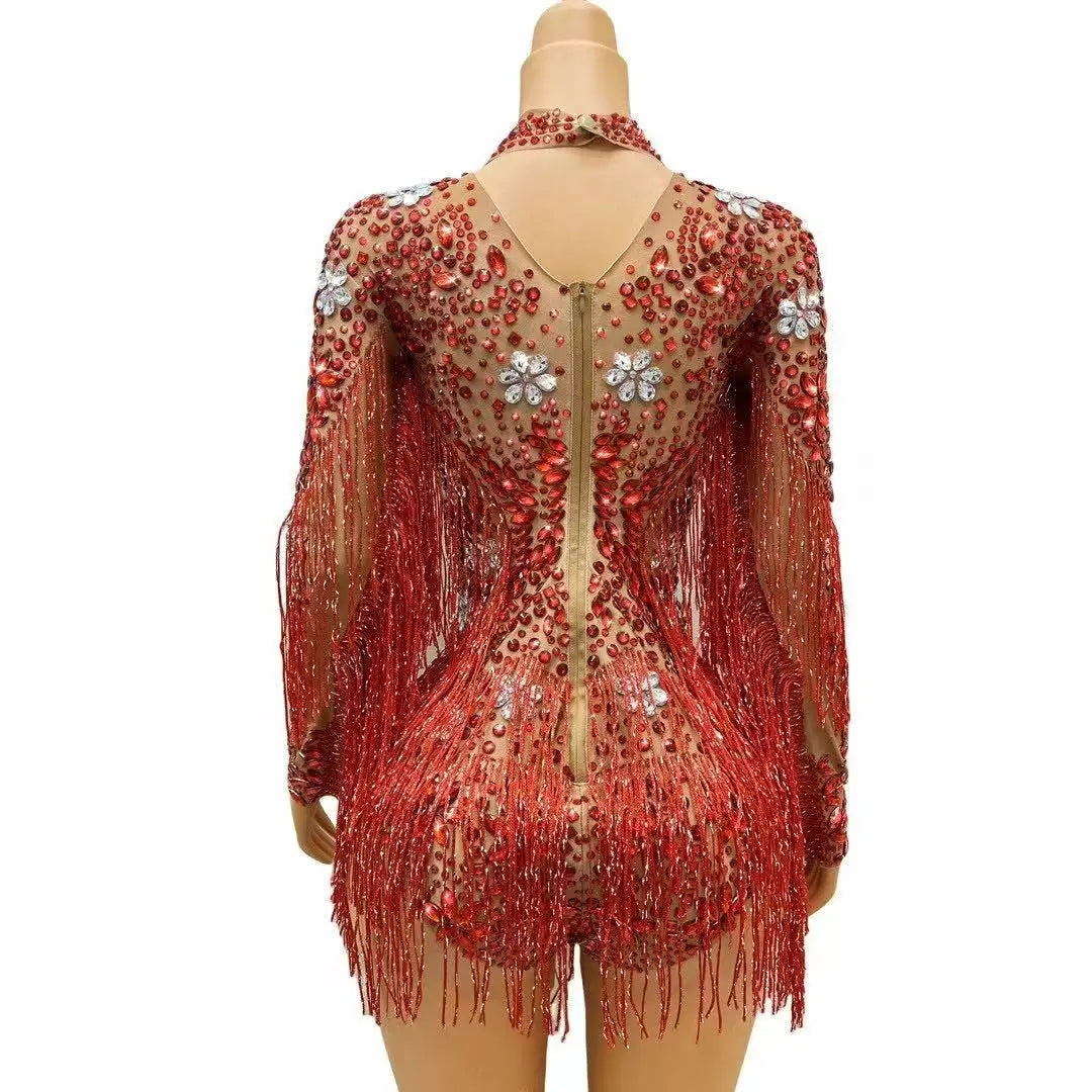 Crystal Fringe Drag Performance Dress – Sparkly Stage Costume