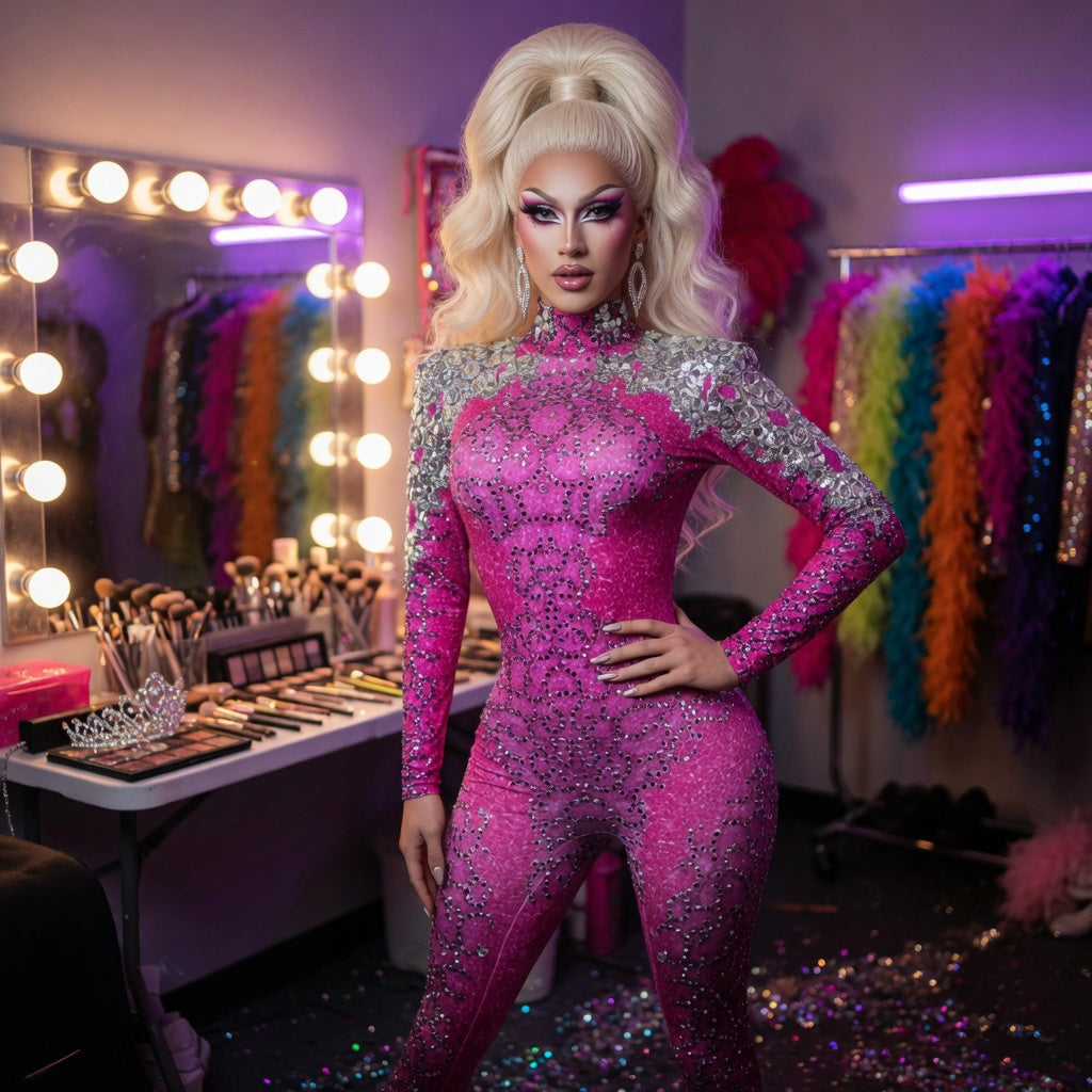 Fuchsia Crystal Rhinestone High Neck Jumpsuit – Drag Performance Bodysuit