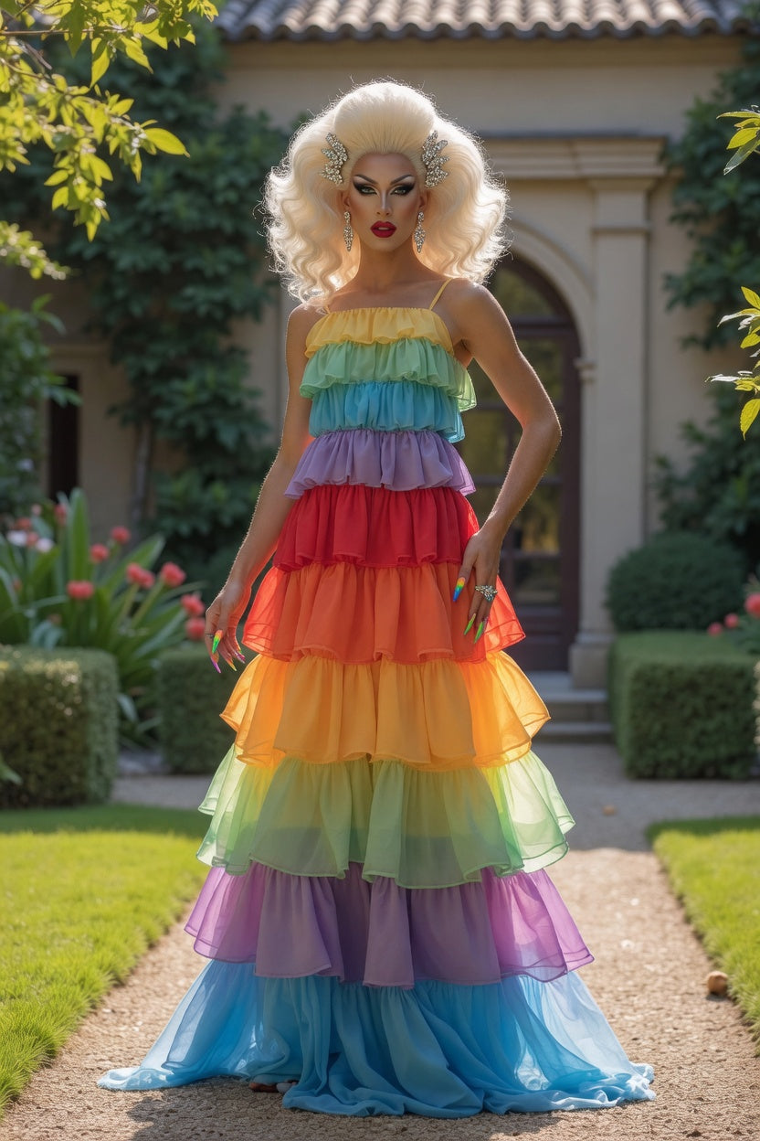 Rainbow Tiered Chiffon A-Line Gown – Drag Queen Prom & Party Dress
