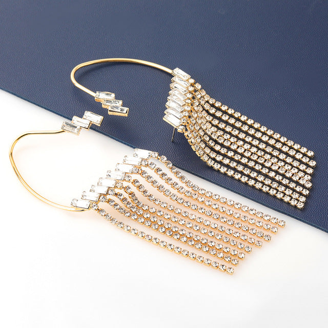 Mike Check Long Chain Tassel Clip Earrings