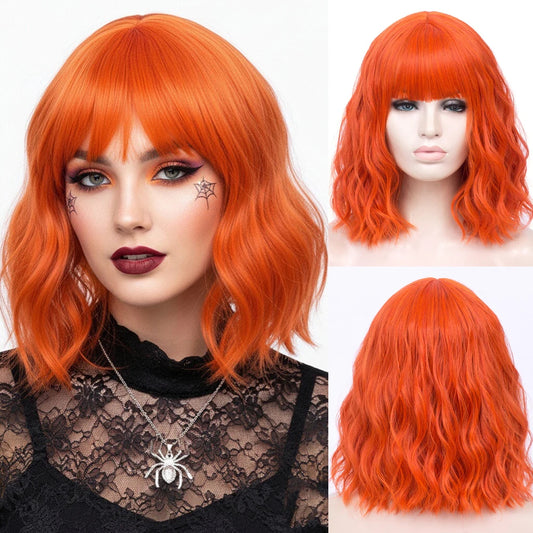 Vibrant Short Wavy Orange Wig with Bangs - Drag Queen Essential