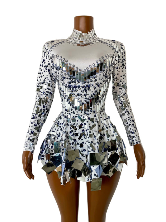 Dazzling Disco Queen Mirror Shard Bodysuit Dress