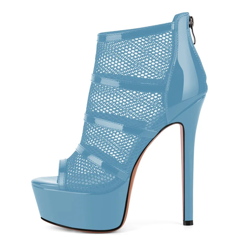 Mesh Peep Toe Platform Ankle Boots - Back Zipper Stiletto Heels