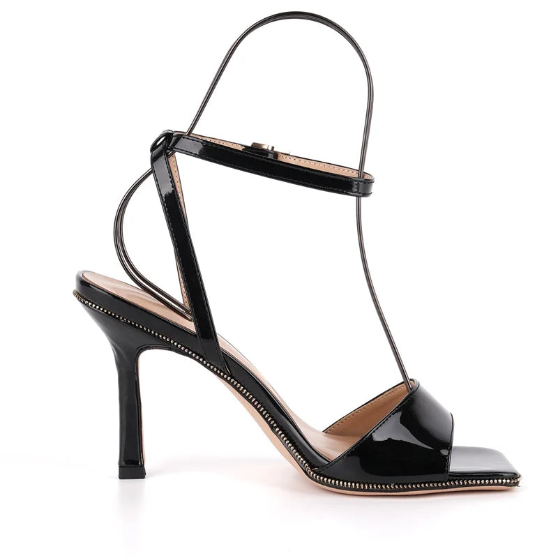 Square Toe Ankle Strap Stiletto Sandals - Hollow Design Heels