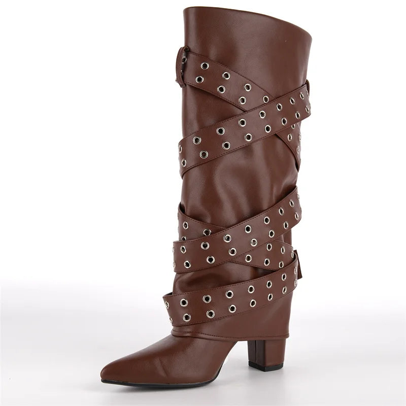 Mid-Calf Boots - Fold-Over Buckle Strap Chunky Heel Boots