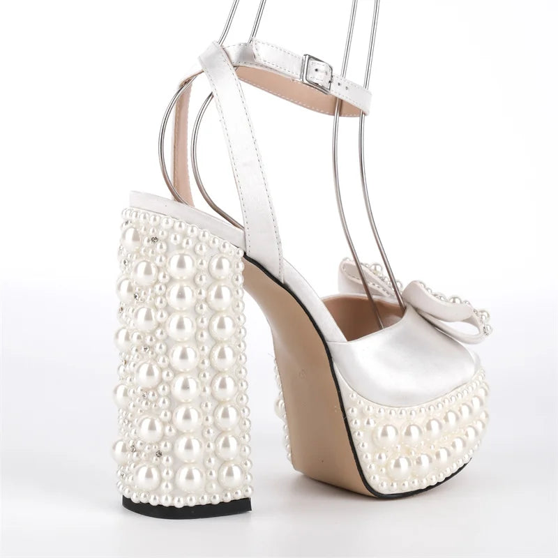 Pearl Embellished Platform Ankle Strap Sandals - Slingback Heels