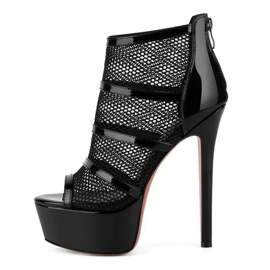 Mesh Peep Toe Platform Ankle Boots - Back Zipper Stiletto Heels