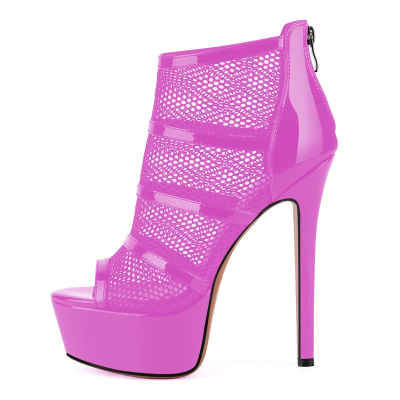 Mesh Peep Toe Platform Ankle Boots - Back Zipper Stiletto Heels
