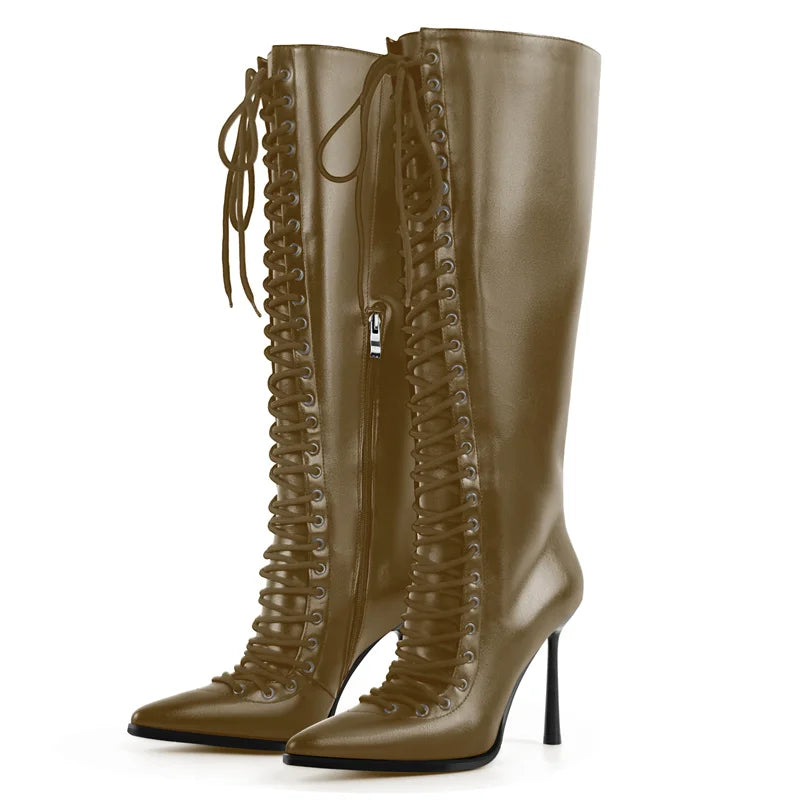 Square Toe Platform Knee-High Boots - Slip-On Stiletto Heels