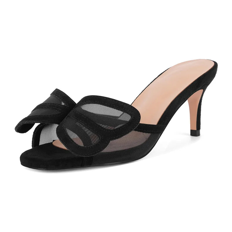 Faux Suede Peep Toe Mules - Kitten Heel Slip-On Sandals