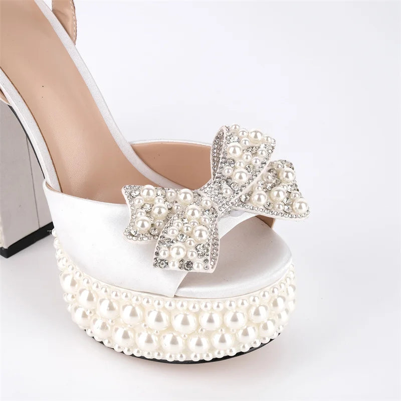 Pearl Embellished Platform Ankle Strap Sandals - Slingback Heels