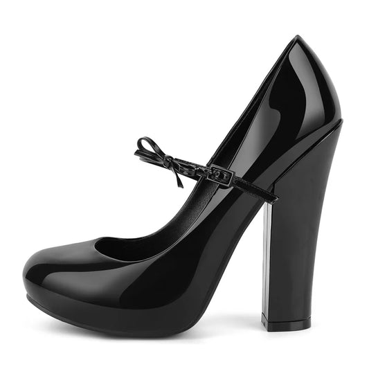 Platform Mary Jane Pumps - Patent Leather Bow Chunky Heel