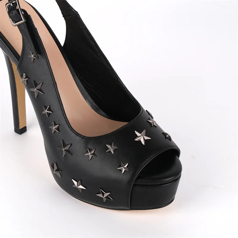 Star Studded Platform Peep Toe Slingback Sandals - Stiletto Heels