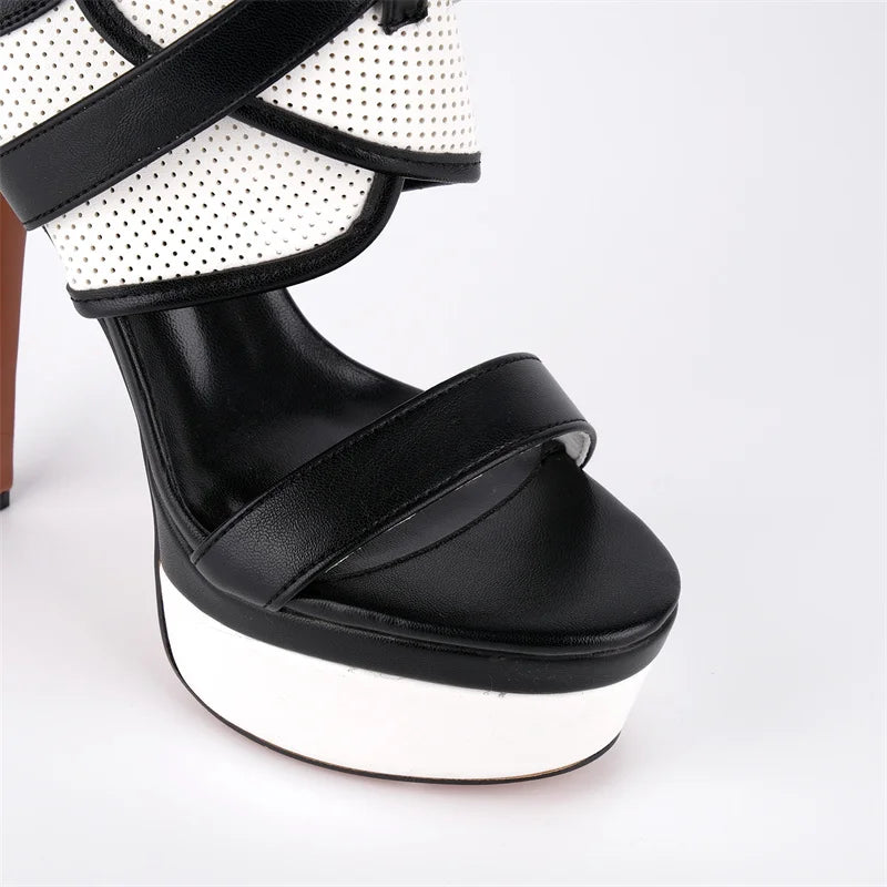 Fringe Platform Peep Toe Lace-Up Sandals - Cut-Out Stiletto Heels