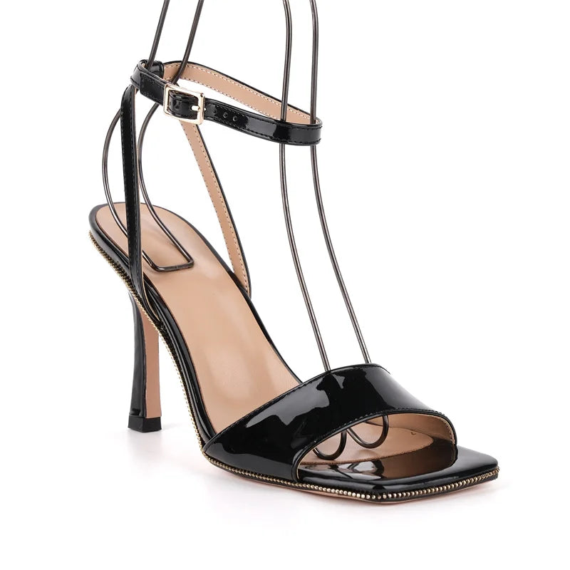 Square Toe Ankle Strap Stiletto Sandals - Hollow Design Heels