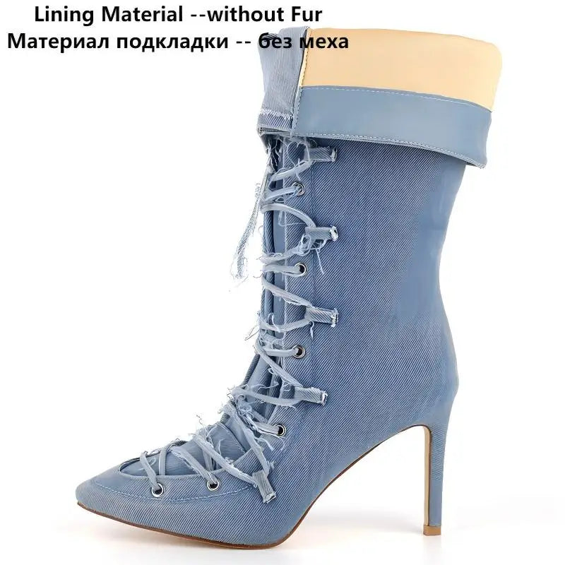 Denim Pointed Toe Ankle Boots - Side Zipper Stiletto Heels