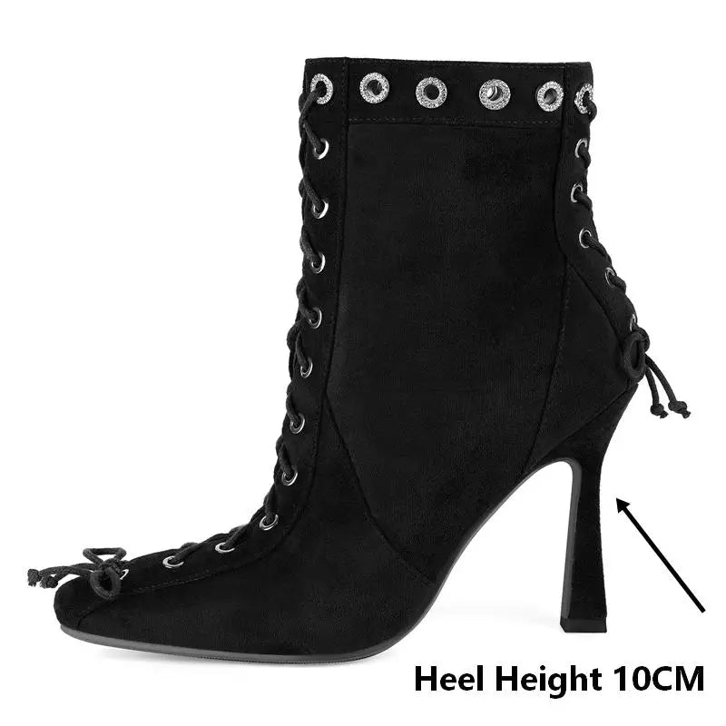 Square Toe Ankle Boots - Butterfly Bow Side Zipper Boots