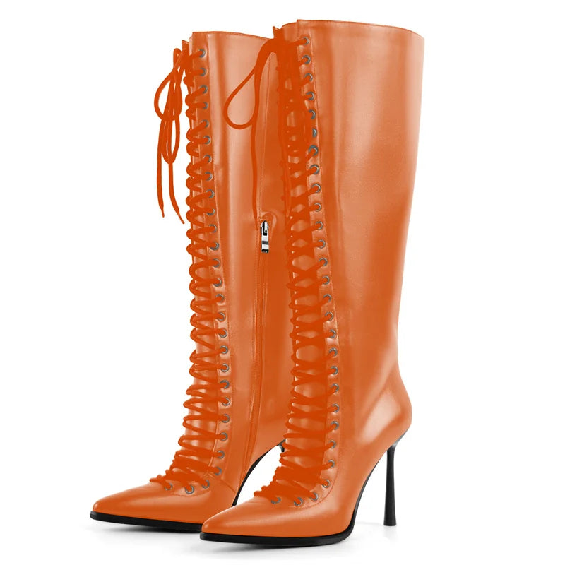 Square Toe Platform Knee-High Boots - Slip-On Stiletto Heels