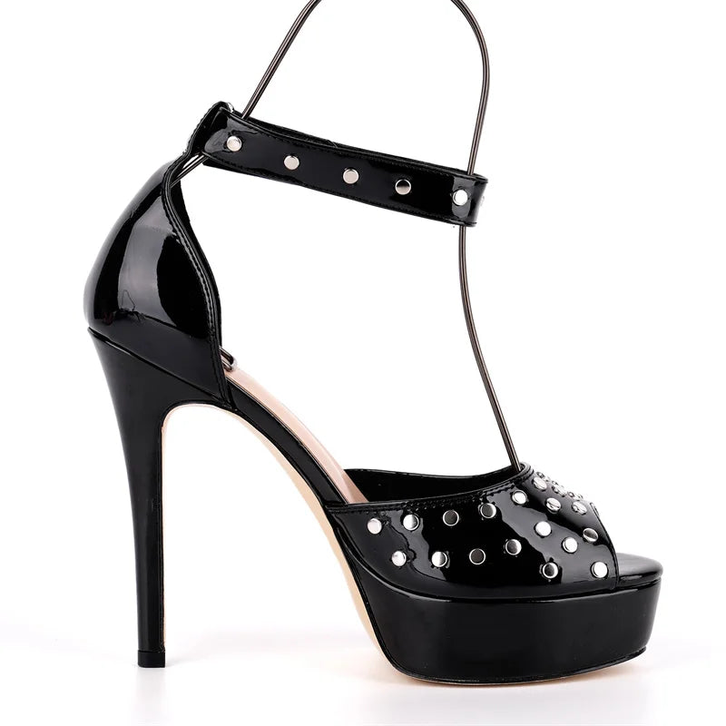 Platform Peep Toe Sandals - Rivet Ankle Strap Stiletto Heels