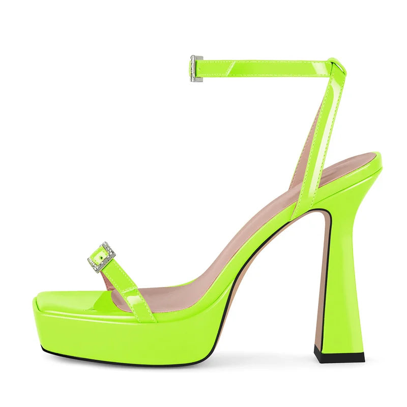 Patent Leather Square Toe Platform Sandals - Ankle Strap Stiletto Heels